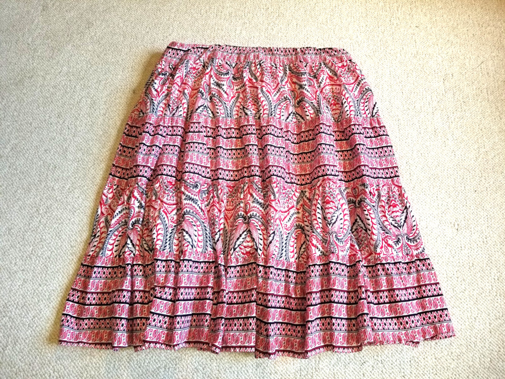Womens Skirt-CHAPS RALPH LAUREN-red/wht paisley cotton tiered Peasant pull-on-16